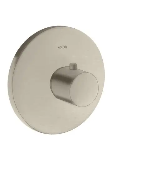 Thermostat von AXOR in Brushed Nickel, runde Grundplatte mit einem drehbaren Reglermodul in der Mitte, geeignet für Unterputzinstallation im Badezimmer.
